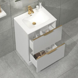Royal Bathrooms Evora 700mm Matt White Fluted Floor Standing Vanity Unit 2 Drawer With Ceramic Basin & Brushed Brass Handles - thumbnail 4