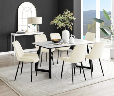 Furniturebox Carson 6 Seater White Marble Effect Rectangular Scratch Resistant Dining Table With 6 Cream Pesaro Velvet Black Leg Chairs - image 1