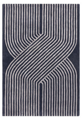 Blue Teal Handmade Modern Striped Wool 12-14mm Thick Stain-Resistant Rug For Bedroom, Living, Dining Room-120Cm X 170Cm - image 1