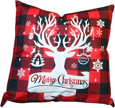 Netagon Xmas Haus Christmas Themed Cushion Plaid Stag Red/black Linen - image 1