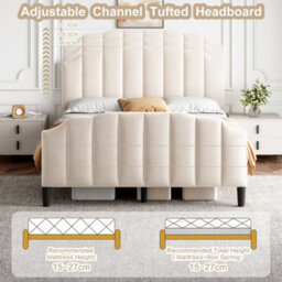 Abrihome 4Ft6 Double Upholstered Bed Frame With Adjustable Chic Channel-Tufted Headboard, Velvet, Beige (No Mattress) - thumbnail 2