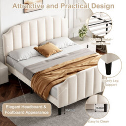 Abrihome 4Ft6 Double Upholstered Bed Frame With Adjustable Chic Channel-Tufted Headboard, Velvet, Beige (No Mattress) - thumbnail 3