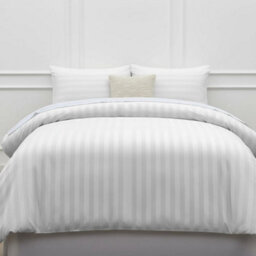 3-Piece Satin Stripe Duvet Cover & Pillowcase Set White Premium Microfiber Bedding, Soft, Breathable & Hypoallergenic, Anti-Wrin - thumbnail 1