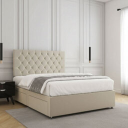 REGIONAL FURNISHINGS Cream Plush Velvet Divan Bed Set Upholstered With 24Inch Headboard & 2Drawers Sameside & Mattress In 3Ft 4Ft 4Ft6 5Ft 6Ft - thumbnail 2