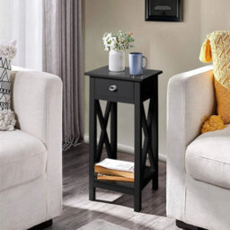 Living And Home Black Wooden One Drawer Bedside Table For Living Room 27Cm W X 27Cm D X 66Cm H