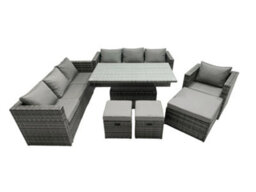 Fimous Rattan Dining Table Sofa Set With 3 Footstool Armchair Outdoor 10 Seat Garden Furniture Set Dark Grey Mixed - thumbnail 1