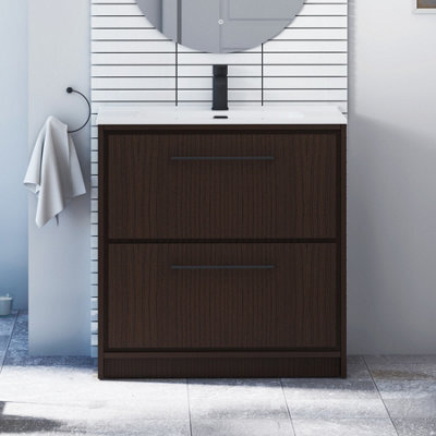 Royal Bathrooms Livora 800mm Walnut Woodgrain Floor Standing Bathroom Vanity Unit 2 Drawer With Ceramic Basin & Matt Black Handle - image 1