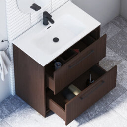 Royal Bathrooms Livora 800mm Walnut Woodgrain Floor Standing Bathroom Vanity Unit 2 Drawer With Ceramic Basin & Matt Black Handle - thumbnail 4