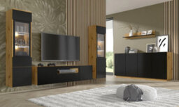Arte Elegant Aura Tall Display Cabinet H1500mm W370mm D330mm With Glass Shelves And Hinged Doors In Oak Artisan & Black - thumbnail 5