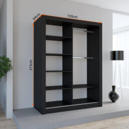 Fhi Lexiss 150Cm Black Modern Sliding Door Wardrobe Bedroom Storage With Shelves & Hanging Rail - thumbnail 2