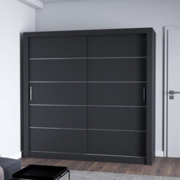 Fhi Lexiss 150Cm Black Modern Sliding Door Wardrobe Bedroom Storage With Shelves & Hanging Rail