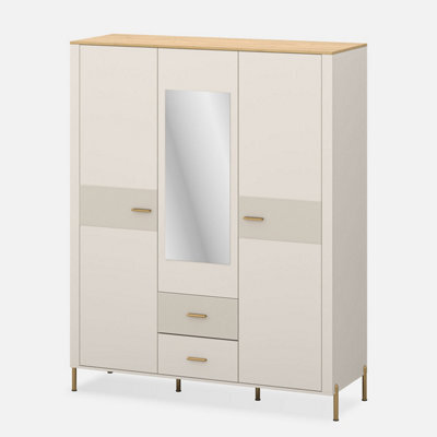 Heze Furniture Ruben 3 Door Wardrobe With Mirror - Cashmere / Stone Oak - image 1