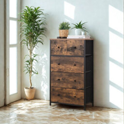 FURNOLD Industrial Rustic Brown Chest With 5 Fabric Drawers