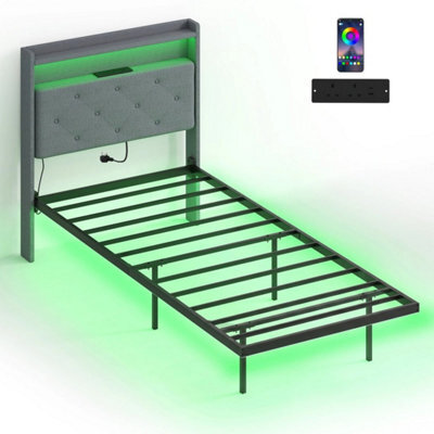 Floating Bed Frame With Rgb Lights, Upholstered Single Size Bed, Grey - image 1