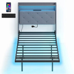 Floating Bed Frame With Rgb Lights, Upholstered Single Size Bed, Grey - thumbnail 6