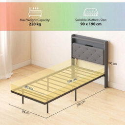 Floating Bed Frame With Rgb Lights, Upholstered Single Size Bed, Grey - thumbnail 2