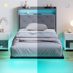 Floating Bed Frame With Rgb Lights, Upholstered Single Size Bed, Grey - thumbnail 4