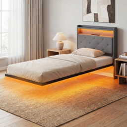 Floating Bed Frame With Rgb Lights, Upholstered Single Size Bed, Grey - thumbnail 3