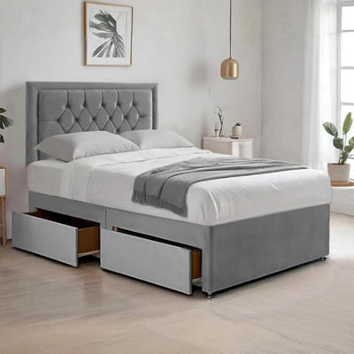 Grey Plush 6Ft Super King Size Bed With Matttress  2 Storage Drawers And 20 Inch Borderd Headboard - image 1