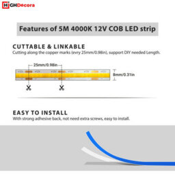Highdecora Cob Led Light Strip Cutomisable Kit 8mm Width Uniform Dotless Led Tape Light For Room Cabinet (Dc12V/4000K/5M) - thumbnail 2