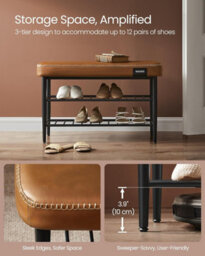 Songmics Shoe Bench, Storage Bench, Shoe Rack Bench Entryway, Synthetic Leather, Mid-Century Modern, Caramel Brown - thumbnail 6