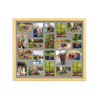 AK Frames 80X70Cm Light Oak Classic Multi Photo Frame With Mid Grey Mount - Holds 20 Apertures (18X) 6X4, (2X) 4X4 Photos