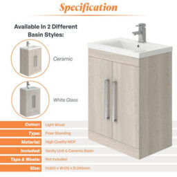 Plum&clay Novela Light Wood Floor Standing Vanity Unit With Ceramic Basin Bathroom Furniture (W)515mm - thumbnail 5