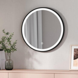 Emke Round Bathroom Led Mirror Backlit Makeup Mirror With Touch, Leather, Dustproof, Black 600mm