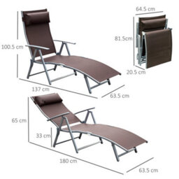 Outsunny Sun Lounger Recliner W/ Pillow Foldable 7 Levels Texteline Brown - thumbnail 3
