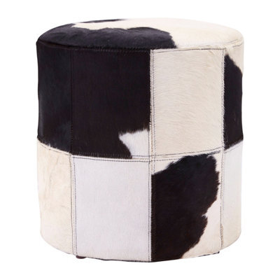 Premier Housewares Interiors By Premier Black And White Genuine Cowhide Ottoman,pouffe Stool With Black Stitching & Soft Padding,round Footstool - image 1