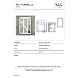RAK Ceramics Rak Picture Soft 500X700mm Brushed Nickel Led Illuminated Bathroom Mirror With Touch Sensor & Demister Pad, Ip44 - thumbnail 2