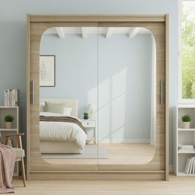 Bega Viii 180 Sliding Door Wardrobe Modern Sonoma Design With Mirror Hanging Rail And Spacious Shelves - image 1