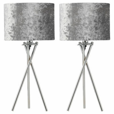 Set Of 2 Chrome Tripod 52Cm Table Lamp Bedside Lights Grey Crushed Velvet Shades - image 1