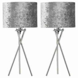 Set Of 2 Chrome Tripod 52Cm Table Lamp Bedside Lights Grey Crushed Velvet Shades - thumbnail 1