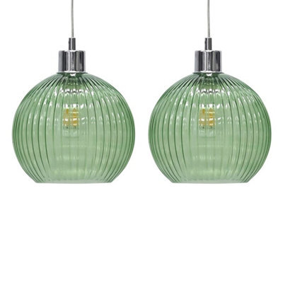 Set Of 2 Green Ribbed Glass Globe Easy Fit Pendant Shades Ceiling Lightshades - image 1