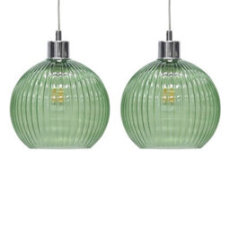Set Of 2 Green Ribbed Glass Globe Easy Fit Pendant Shades Ceiling Lightshades - thumbnail 1
