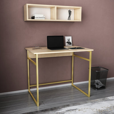 Decorotika Hussum Writing Desk Laptop Desk Floating Shelf Included Gold Oak - image 1
