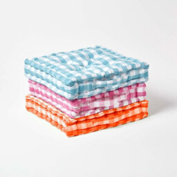 Homescapes Orange Block Check Cotton Gingham Floor Cushion, 40 X 40 Cm - thumbnail 6