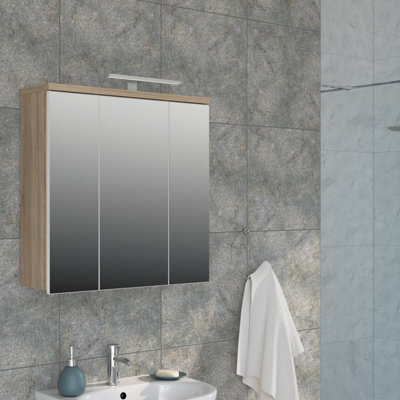 Furniture To Go Veris 3 Door Mirrored Bathroom Cabinet With Integrated Led Lighting - Sonoma Oak And White Gloss - image 1