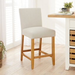 The Furniture Market Monty Natural Linen Fabric Bar Stool Modern Minimalist Design Natural Oak Solid Wood Legs Comfortable Seat Kitchen Counter Stool