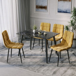 Urbn-Living Urbnliving 5Pcs Crimea Shinny Modern Ceramic Top Dining Table & Yellow Plush Velvet Chairs With Metal Legs - thumbnail 2