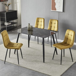 Urbn-Living Urbnliving 5Pcs Crimea Shinny Modern Ceramic Top Dining Table & Yellow Plush Velvet Chairs With Metal Legs