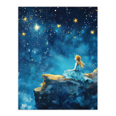 Artery8 Unframed Wall Art Girl Wish Upon Star Starry Night Sky Painting - 12X16 Inch