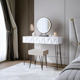 CARME Home Claudia Dressing Table & Stool White/black Leg With Belle Black Led Mirror - thumbnail 1