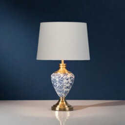 Lighting Supermarket Hepburn Large Ceramic Table Lamp White Gold Shade White Blue Antique Brass 58Cm