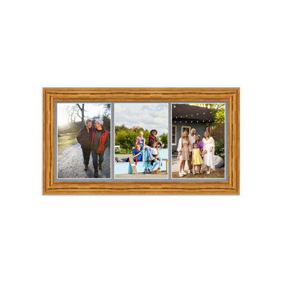 AK Frames 16X8 Oak Classic Multi Photo Frame With Mid Grey Mount - Holds 3 Apertures (3X) 7X5 Photos - image 1