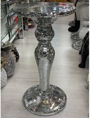 Biznest Silver Mirrored Body End Table Glass Round Mosaic Zig Zag Plant Stand Modern Bed Side Straight Leg Pedestal Base 60X40 Cm