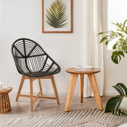 Orsina Black Natutral Rattan Chair With Teak Legs, Sturdy Wooden Legs Rattan Chair, Rattan Dining Chair For Outdoor - thumbnail 2