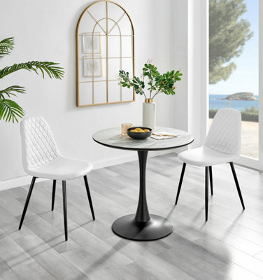Furniturebox Elina White Marble Effect Round Pedestal Dining Table With Curved Black Support And 2 White Faux Leather Corona Black Leg Chairs - image 1