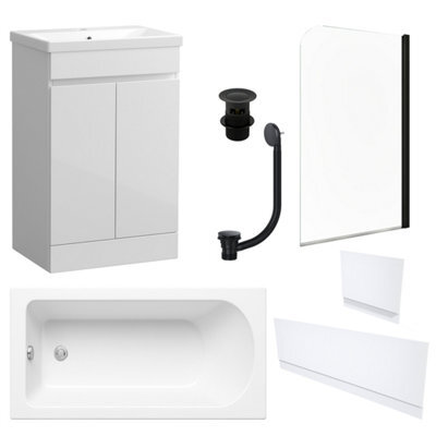 FNX Bathrooms Waterproof 600mm Vanity Unit With Single Ended Bath, Gloss White Panels, Matt Black Screen, Bath & Slotted Basin Waste - image 1